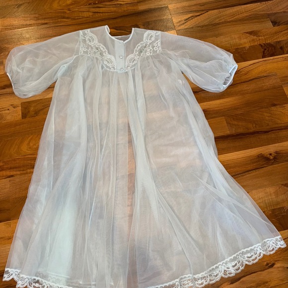 Vintage Shadowline Petite Nightgown & Slip Lace Trim Sheer Nylon Baby Blue bride - Picture 7 of 10
